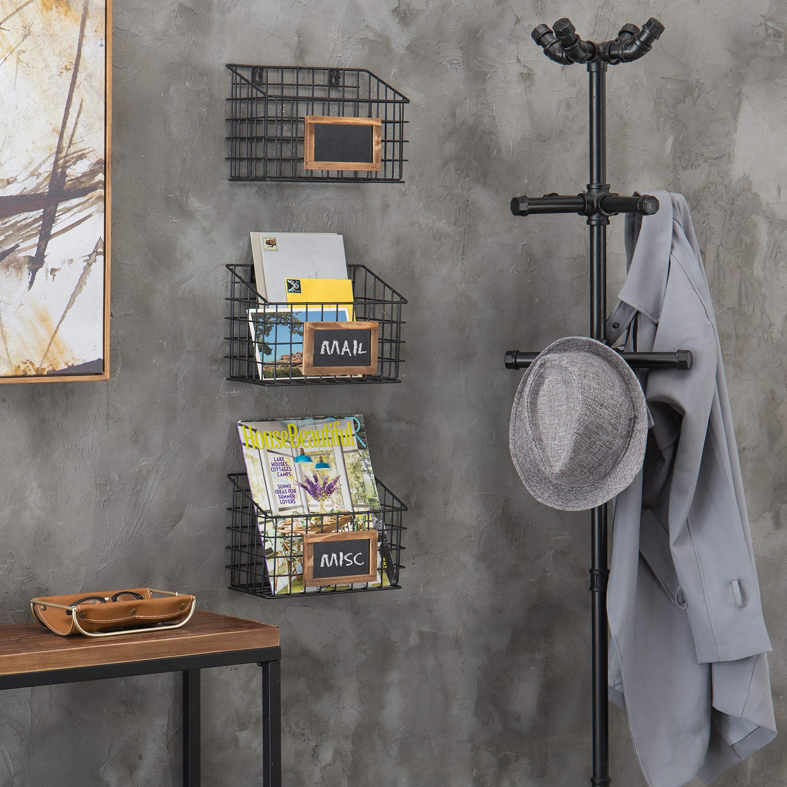 Mygift Black Metal Wire Hanging Storage Basket With Chalkboard Labels, Small Organizer Bin, Set Of 3